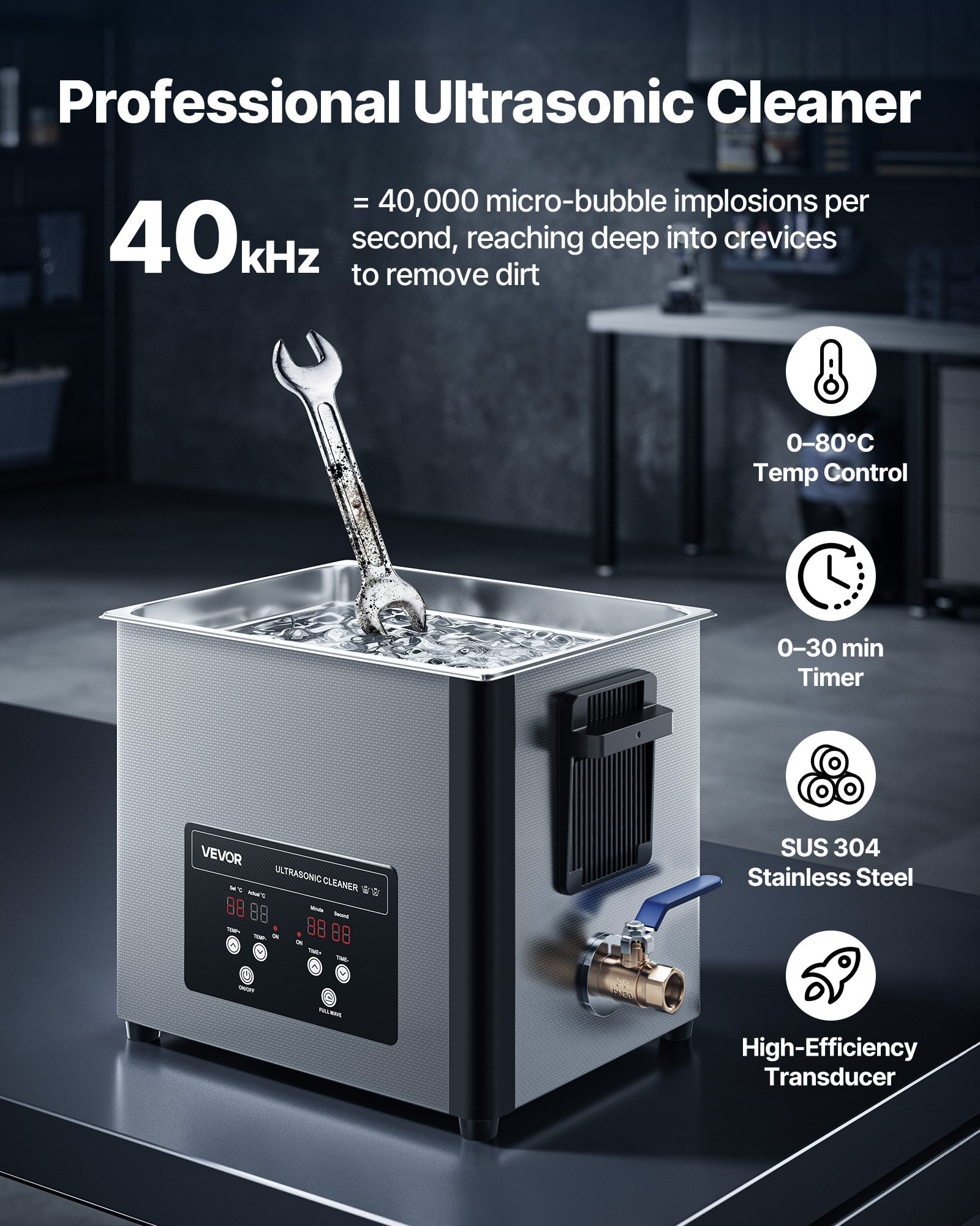 VEVOR Limpiador Ultrasónico 10 L, Máquina de Limpieza Ultrasónica Profesional con Cesta de Limpieza y Pantalla Digital, Acero Inoxidable, 180 W y 40 kHz, para Piezas, Carburadores e Instrumentos