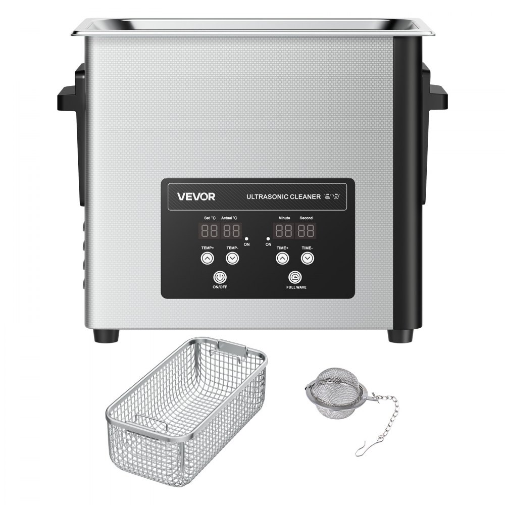 VEVOR Limpiador Ultrasónico 6 L, Máquina de Limpieza Ultrasónica Profesional con Cesta de Limpieza y Pantalla Digital, Acero Inoxidable, 120 W y 40 kHz, para Relojes y Joyas, 380 x 180 x 295 mm