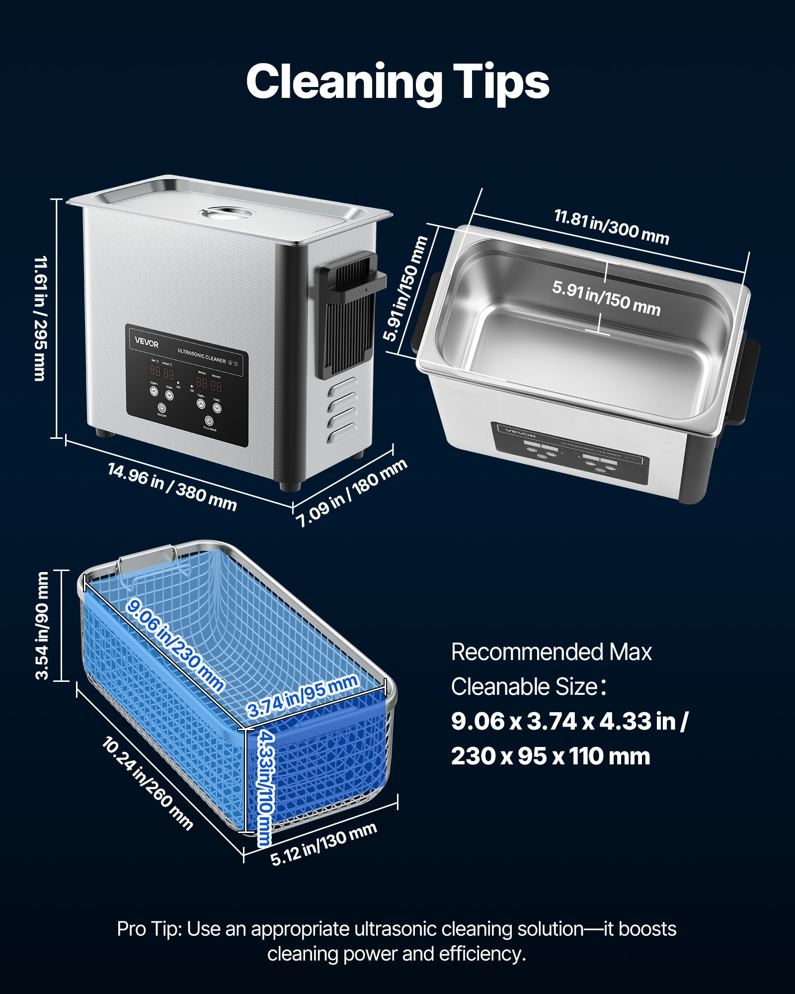 VEVOR Limpiador Ultrasónico 6 L, Máquina de Limpieza Ultrasónica Profesional con Cesta de Limpieza y Pantalla Digital, Acero Inoxidable, 120 W y 40 kHz, para Relojes y Joyas, 380 x 180 x 295 mm
