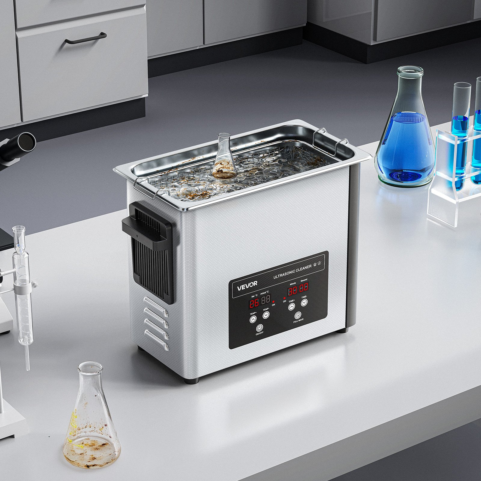 VEVOR Limpiador Ultrasónico 6 L, Máquina de Limpieza Ultrasónica Profesional con Cesta de Limpieza y Pantalla Digital, Acero Inoxidable, 120 W y 40 kHz, para Relojes y Joyas, 380 x 180 x 295 mm