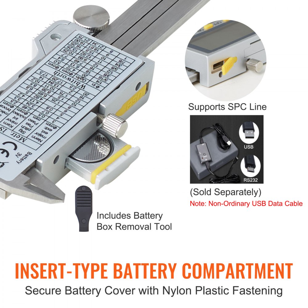 Calibre digital VEVOR con compartimento de batería tipo insertable, fijación segura y soporte de línea spc.