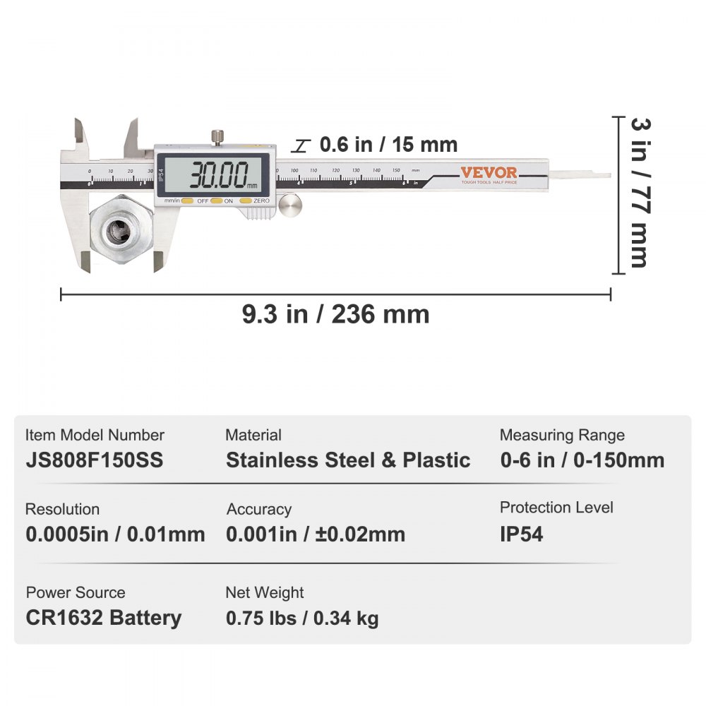 Calibrador digital VEVOR que muestra 30,00 mm con dimensiones y especificaciones en el fondo.