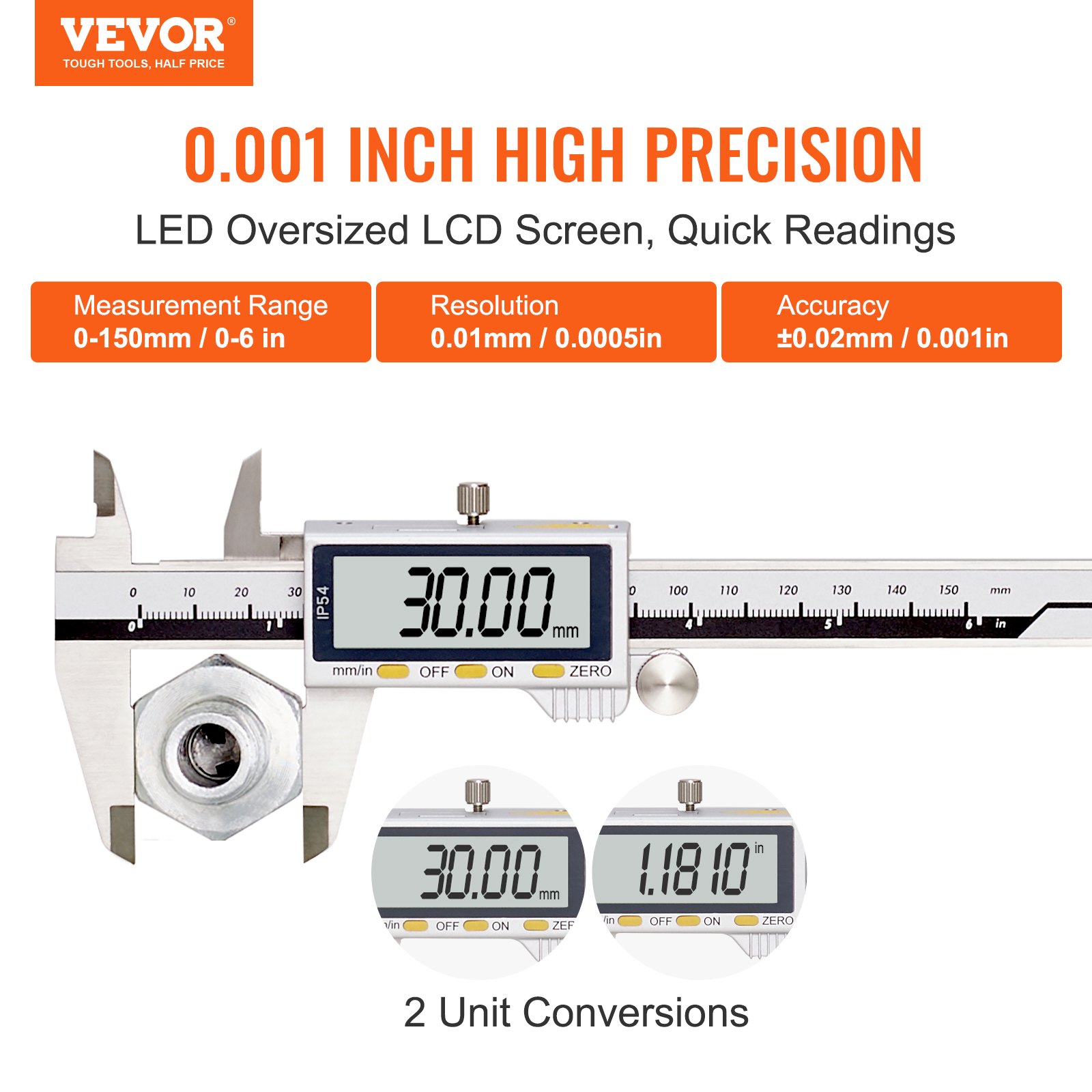 Calibrador digital VEVOR con pantalla LCD LED de gran tamaño que muestra 30,00 mm y tuerca medible.