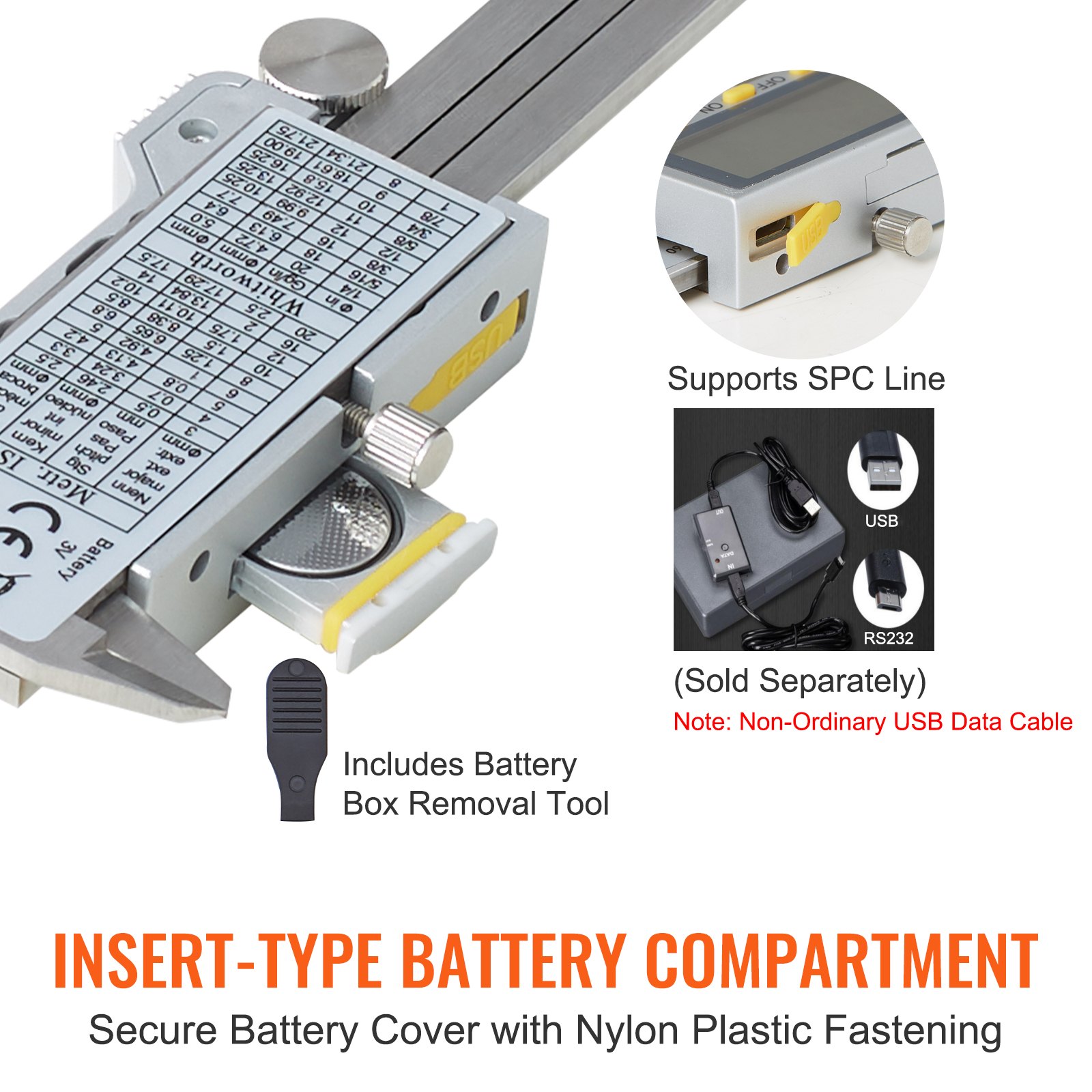 Calibre digital VEVOR con compartimento de batería tipo insertable, fijación segura y soporte de línea spc.