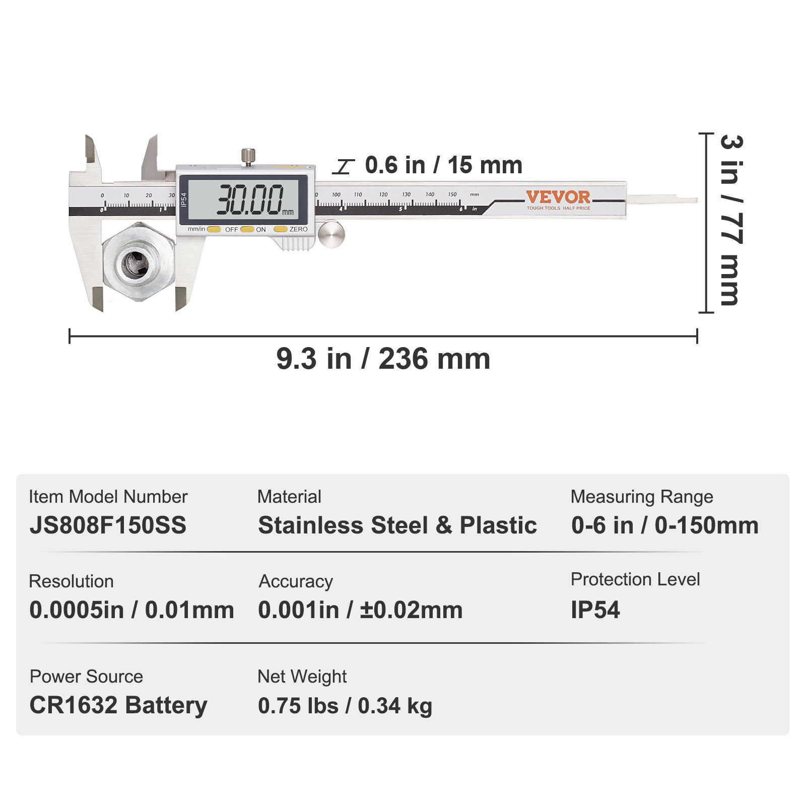 Calibrador digital VEVOR que muestra 30,00 mm con dimensiones y especificaciones en el fondo.
