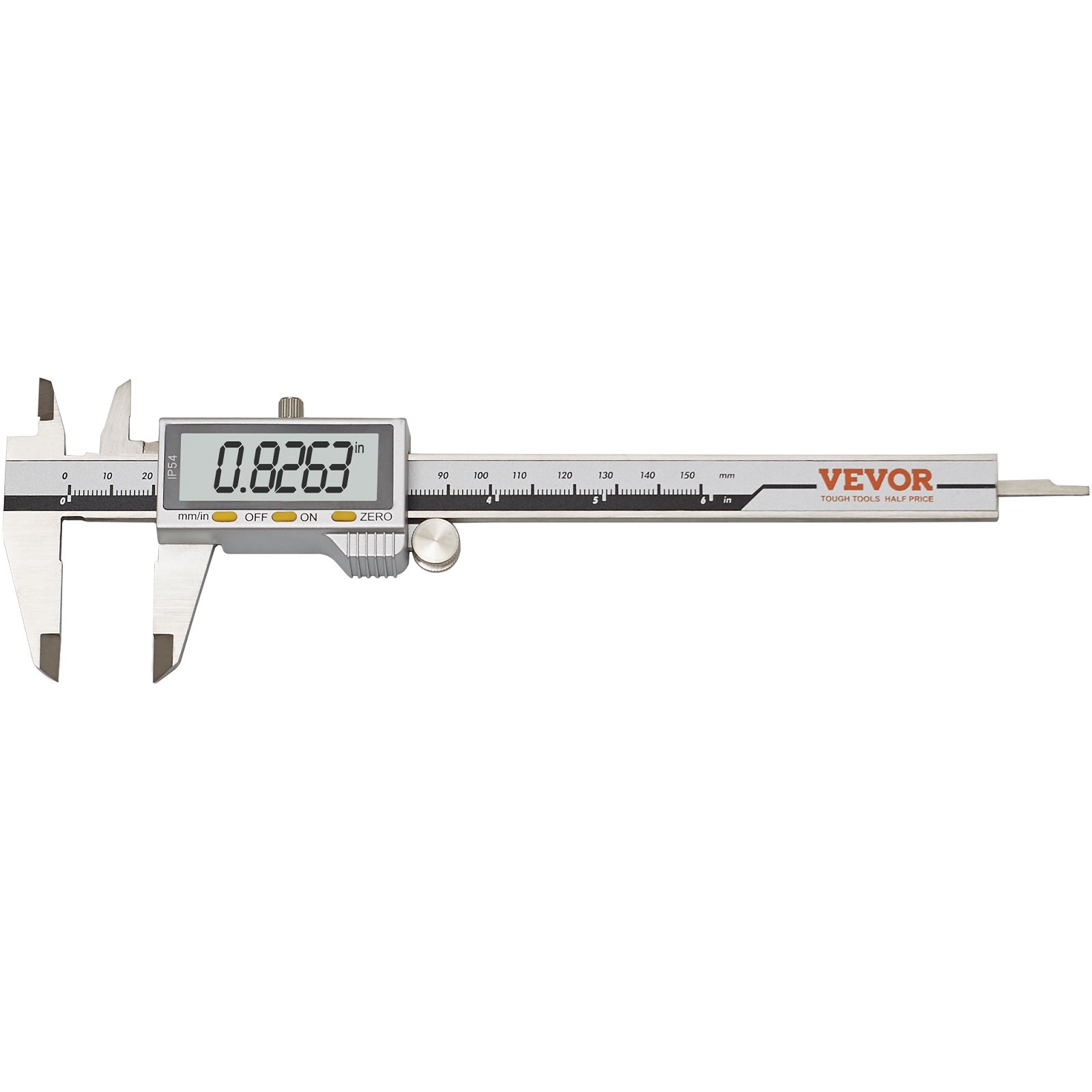 Calibrador digital VEVOR que muestra 0,8263 pulgadas con cuerpo de acero inoxidable y pantalla LCD.