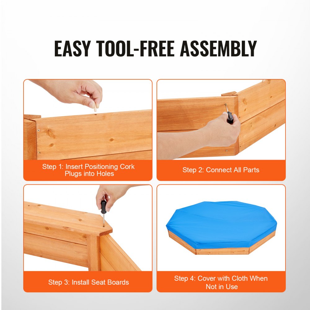 VEVOR - Caja de arena de madera con tapa, 190 x 190 x 23 cm, caja de arena octogonal, arenero con 4 asientos y revestimiento inferior, caja de arena para niños para exteriores, patio, playa, parque, regalo para niños y niñas de 3 a 12 años