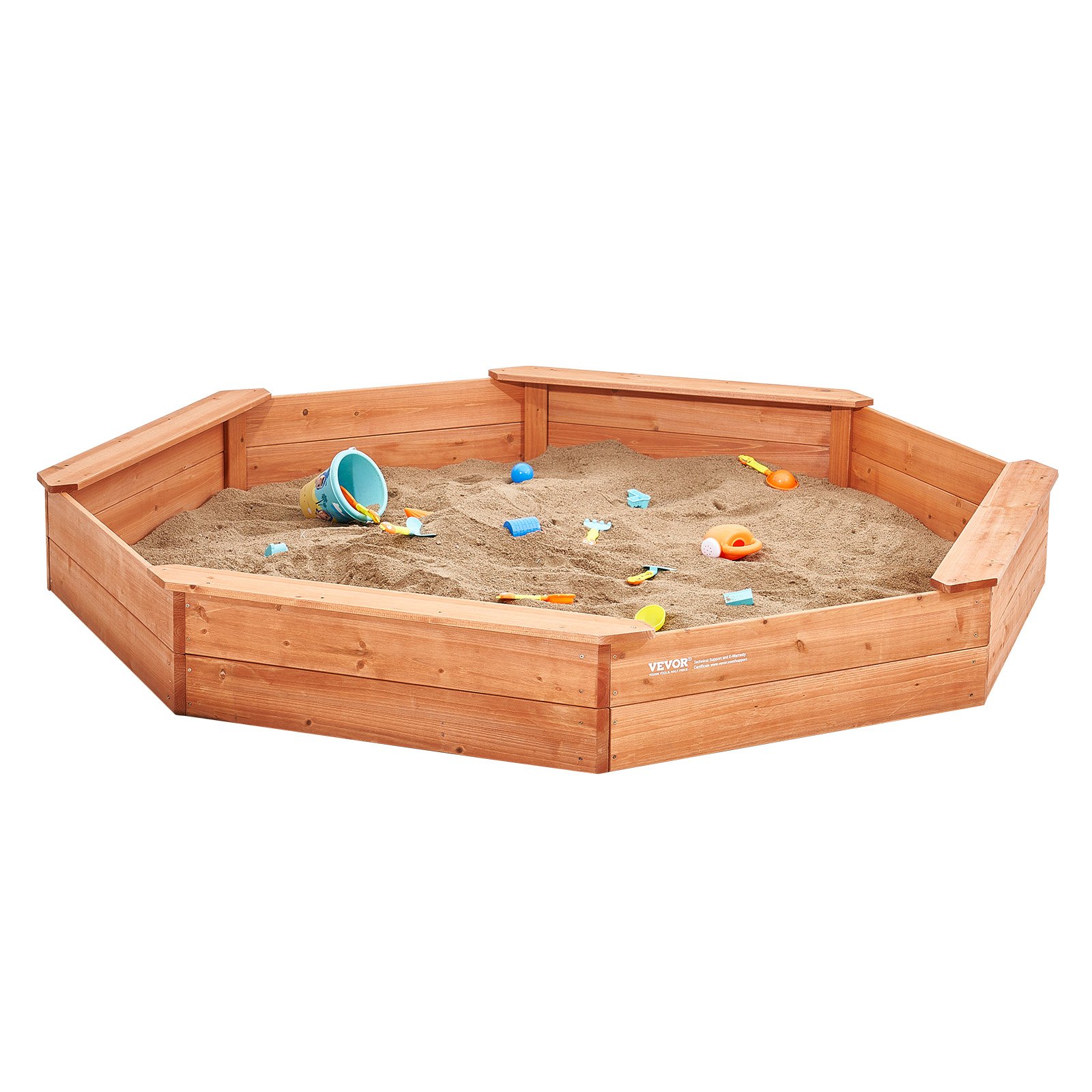 VEVOR - Caja de arena de madera con tapa, 190 x 190 x 23 cm, caja de arena octogonal, arenero con 4 asientos y revestimiento inferior, caja de arena para niños para exteriores, patio, playa, parque, regalo para niños y niñas de 3 a 12 años