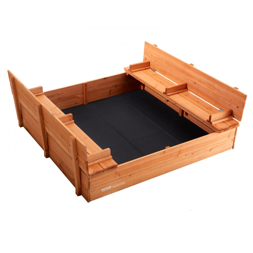 VEVOR - Caja de arena de madera de 132 x 120 x 43 cm, arenero con bancos plegables y revestimiento inferior, caja de arena de madera natural para niños para exteriores, patio, playa, parque, regalo para niños y niñas de 3 a 12 años