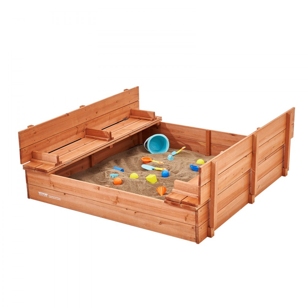 VEVOR - Caja de arena de madera de 132 x 120 x 43 cm, arenero con bancos plegables y revestimiento inferior, caja de arena de madera natural para niños para exteriores, patio, playa, parque, regalo para niños y niñas de 3 a 12 años