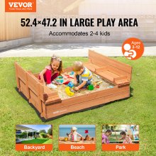 VEVOR - Caja de arena de madera de 132 x 120 x 43 cm, arenero con bancos plegables y revestimiento inferior, caja de arena de madera natural para niños para exteriores, patio, playa, parque, regalo para niños y niñas de 3 a 12 años