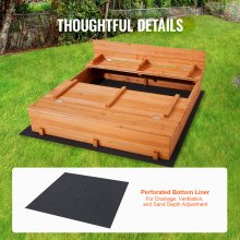 VEVOR - Caja de arena de madera de 132 x 120 x 43 cm, arenero con bancos plegables y revestimiento inferior, caja de arena de madera natural para niños para exteriores, patio, playa, parque, regalo para niños y niñas de 3 a 12 años