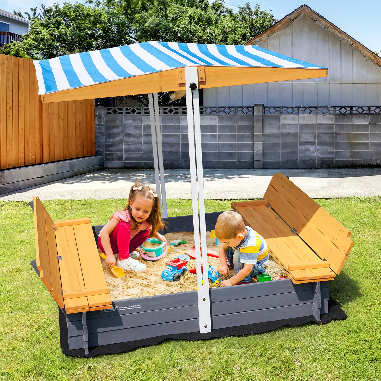 VEVOR - Caja de arena de madera con dosel, 145 x 120 x 120 cm, arenero con bancos plegables y revestimiento inferior, caja de arena de madera natural para niños para exteriores, patio, playa, parque, regalo para niños de 3 a 12 años