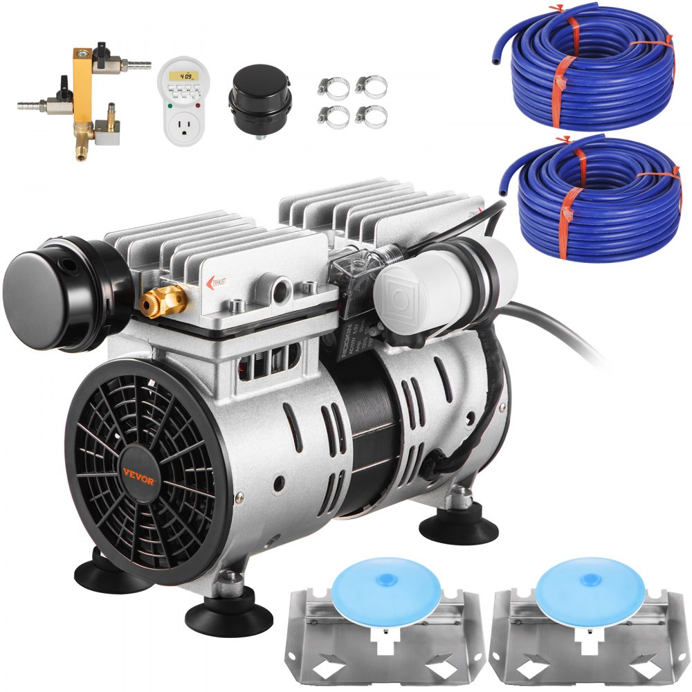 VEVOR Aireador de Estanque 550W Kit de Sistema de Aireación de Lago 5,2 CFM para Estanque de 3 Acres Compresor de Aire Tubo de 30,5 m Difusores de 25,4cm para Circulación de Oxígeno en Aguas Profundas