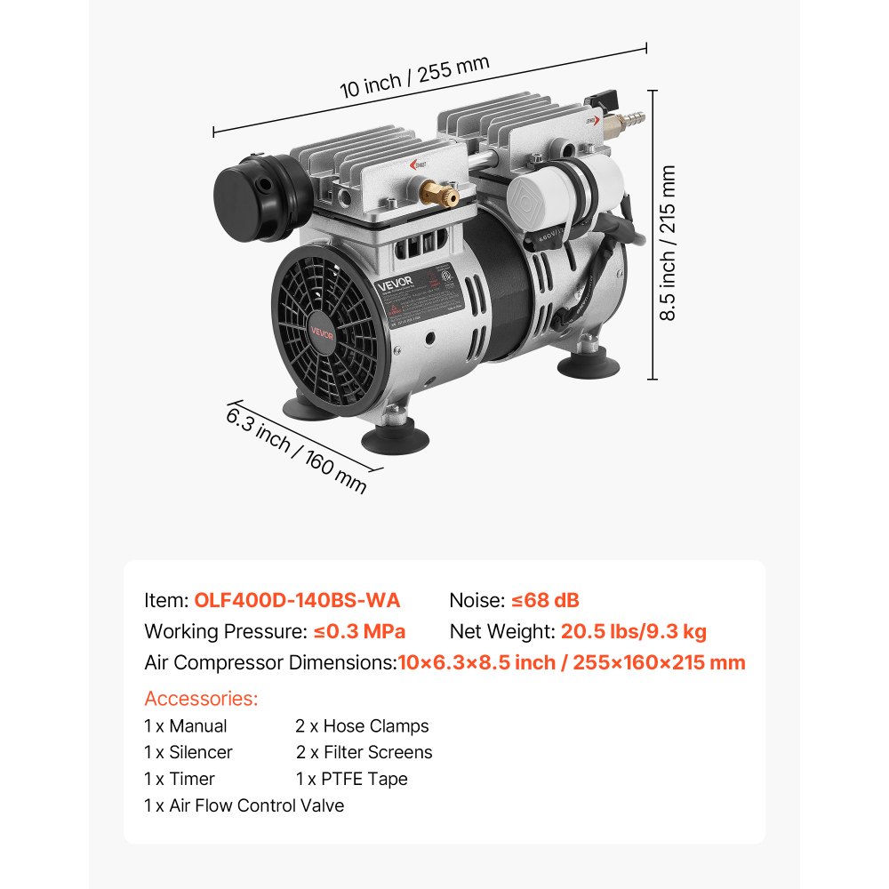 VEVOR Kit de Bomba de Aireación para Estanques Compresor de Aire 590 W Velocidad Nominal 1400 rpm Bomba de Aireación para Lagos Presión Máxima 0,3 MPa, Oxigenador de Agua, Temperatura -5 °C a 40 °C