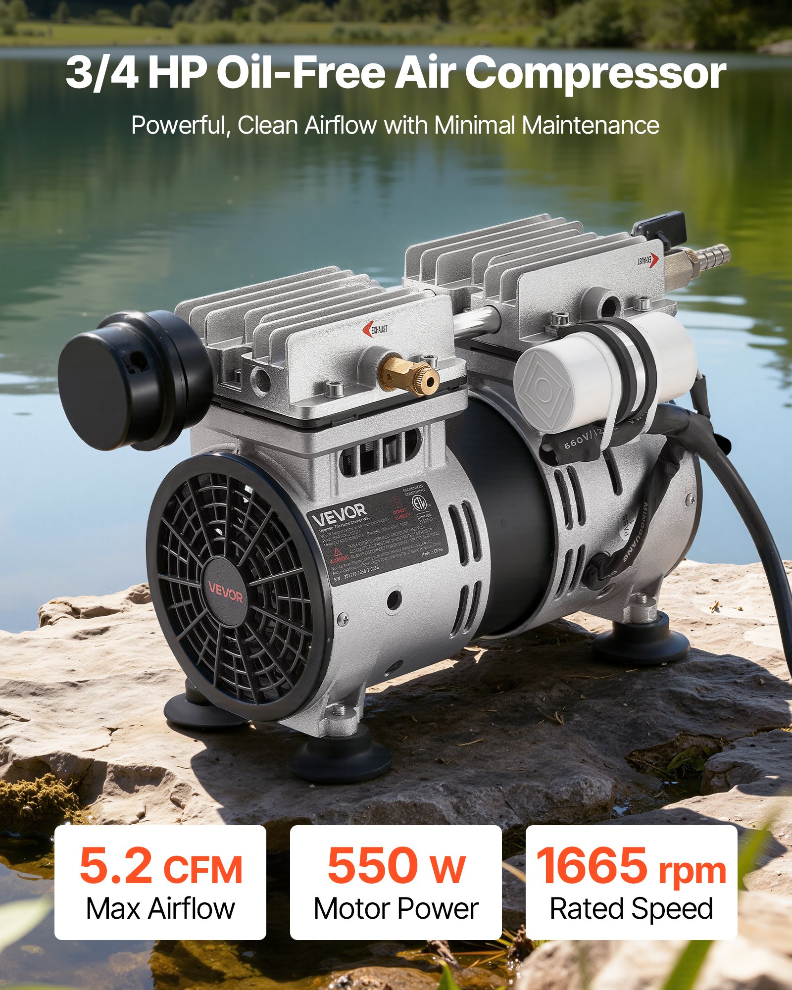 VEVOR Kit de Bomba de Aireación para Estanques Compresor de Aire 590 W Velocidad Nominal 1400 rpm Bomba de Aireación para Lagos Presión Máxima 0,3 MPa, Oxigenador de Agua, Temperatura -5 °C a 40 °C