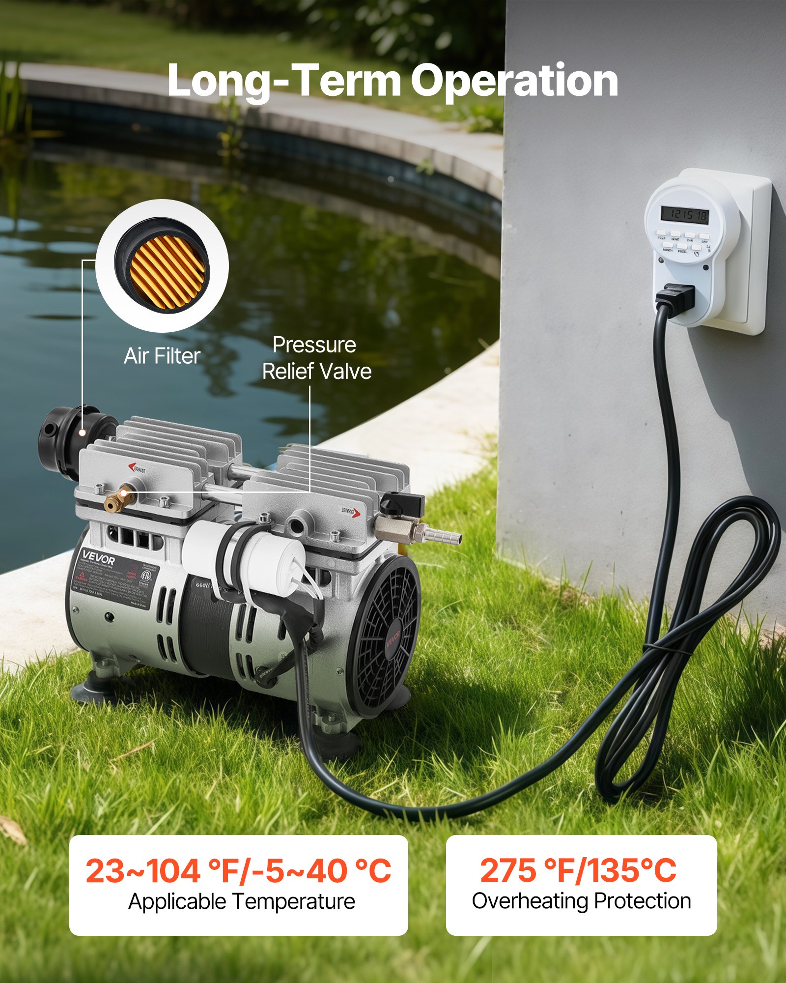VEVOR Kit de Bomba de Aireación para Estanques Compresor de Aire 590 W Velocidad Nominal 1400 rpm Bomba de Aireación para Lagos Presión Máxima 0,3 MPa, Oxigenador de Agua, Temperatura -5 °C a 40 °C
