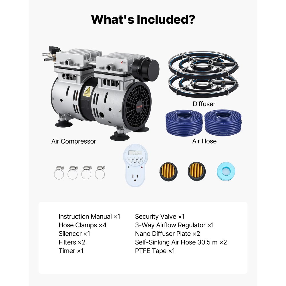 VEVOR Kit de Bomba de Aireación para Estanques de Hasta 3 Arcos Bomba de Aire de 590 W Manguera de 30,5 m Placa Difusora, Oxigenador de Agua, Kit de Aireación para Circulación de Oxígeno en Estanque