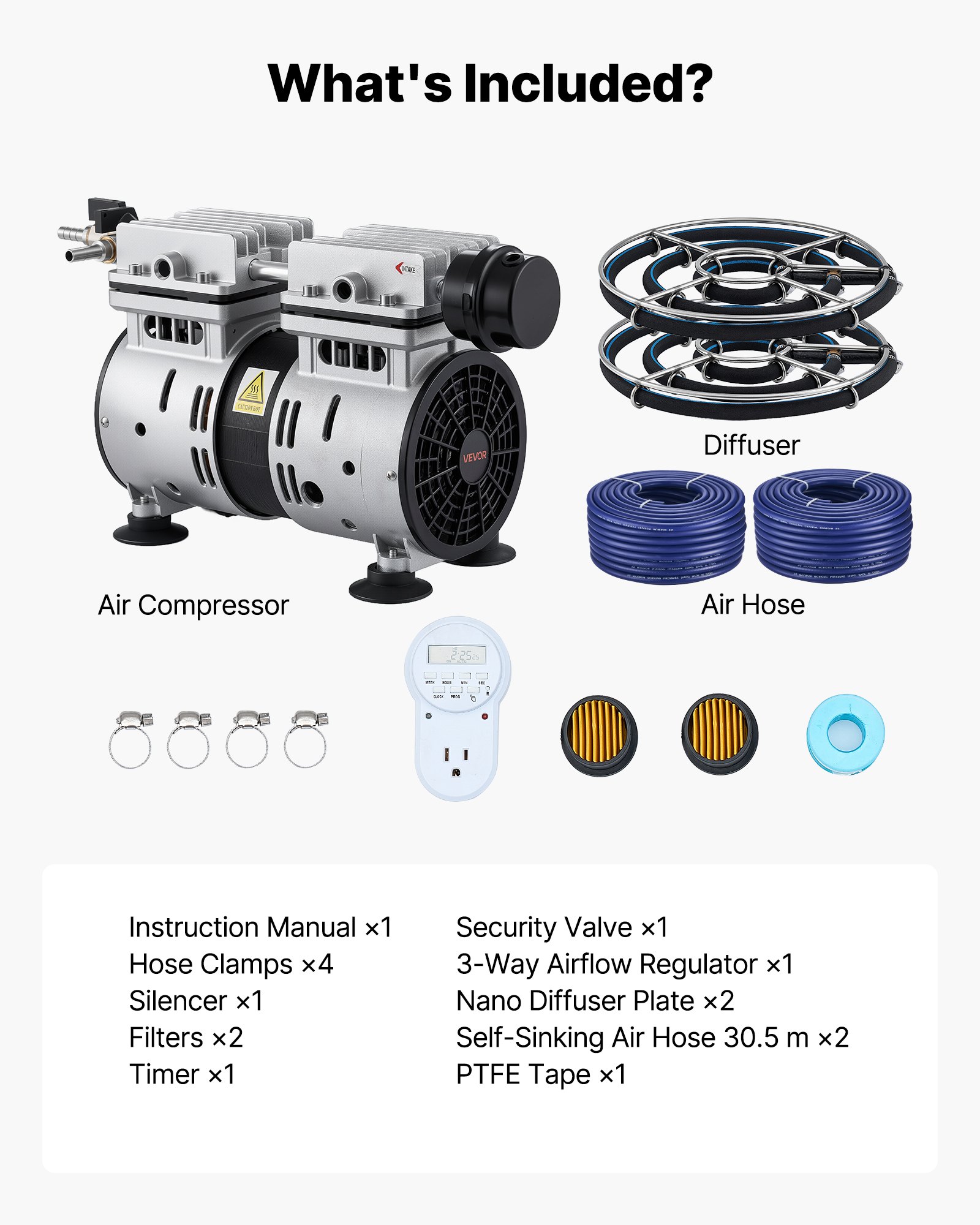 VEVOR Kit de Bomba de Aireación para Estanques de Hasta 3 Arcos Bomba de Aire de 590 W Manguera de 30,5 m Placa Difusora, Oxigenador de Agua, Kit de Aireación para Circulación de Oxígeno en Estanque