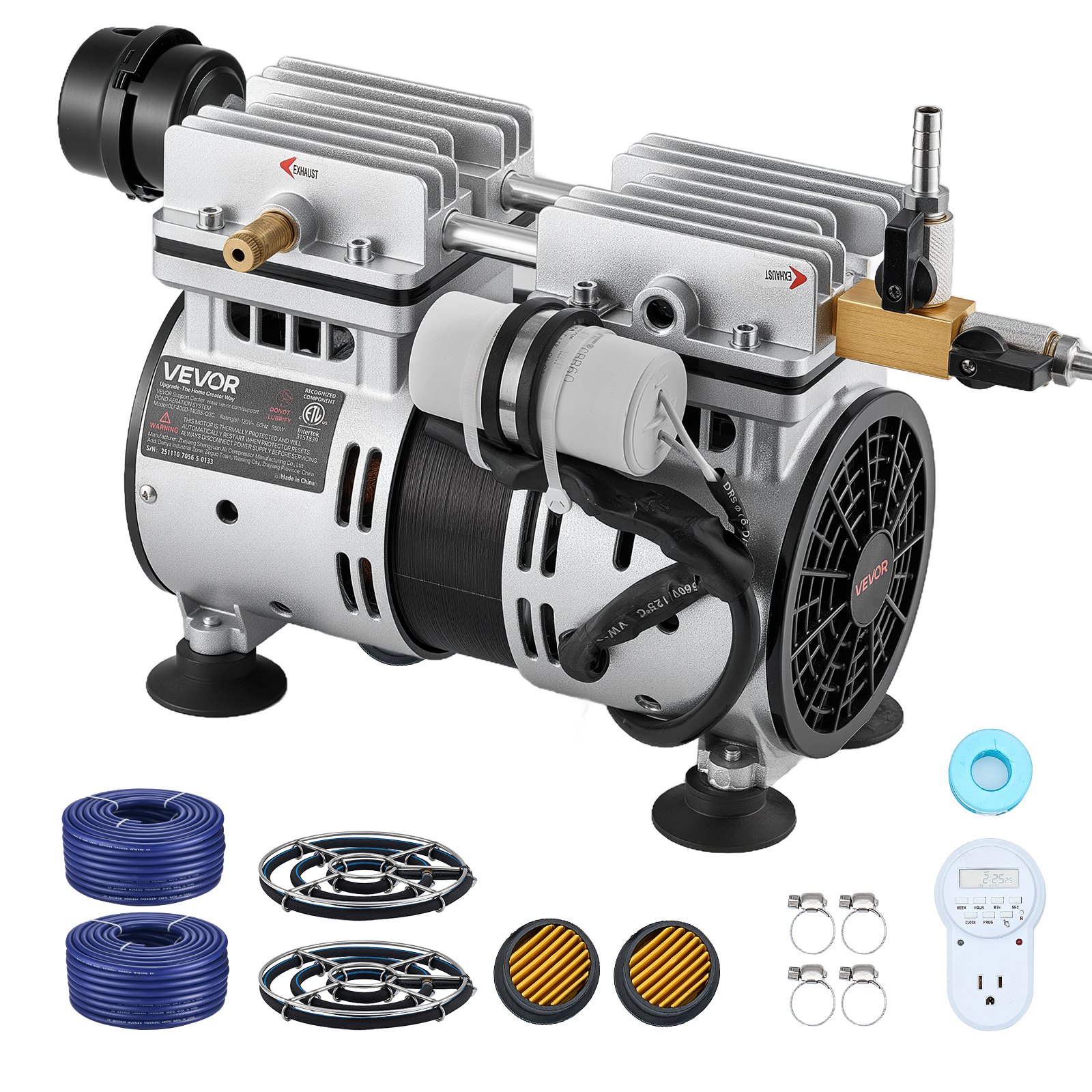 VEVOR Kit de Bomba de Aireación para Estanques de Hasta 3 Arcos Bomba de Aire de 590 W Manguera de 30,5 m Placa Difusora, Oxigenador de Agua, Kit de Aireación para Circulación de Oxígeno en Estanque
