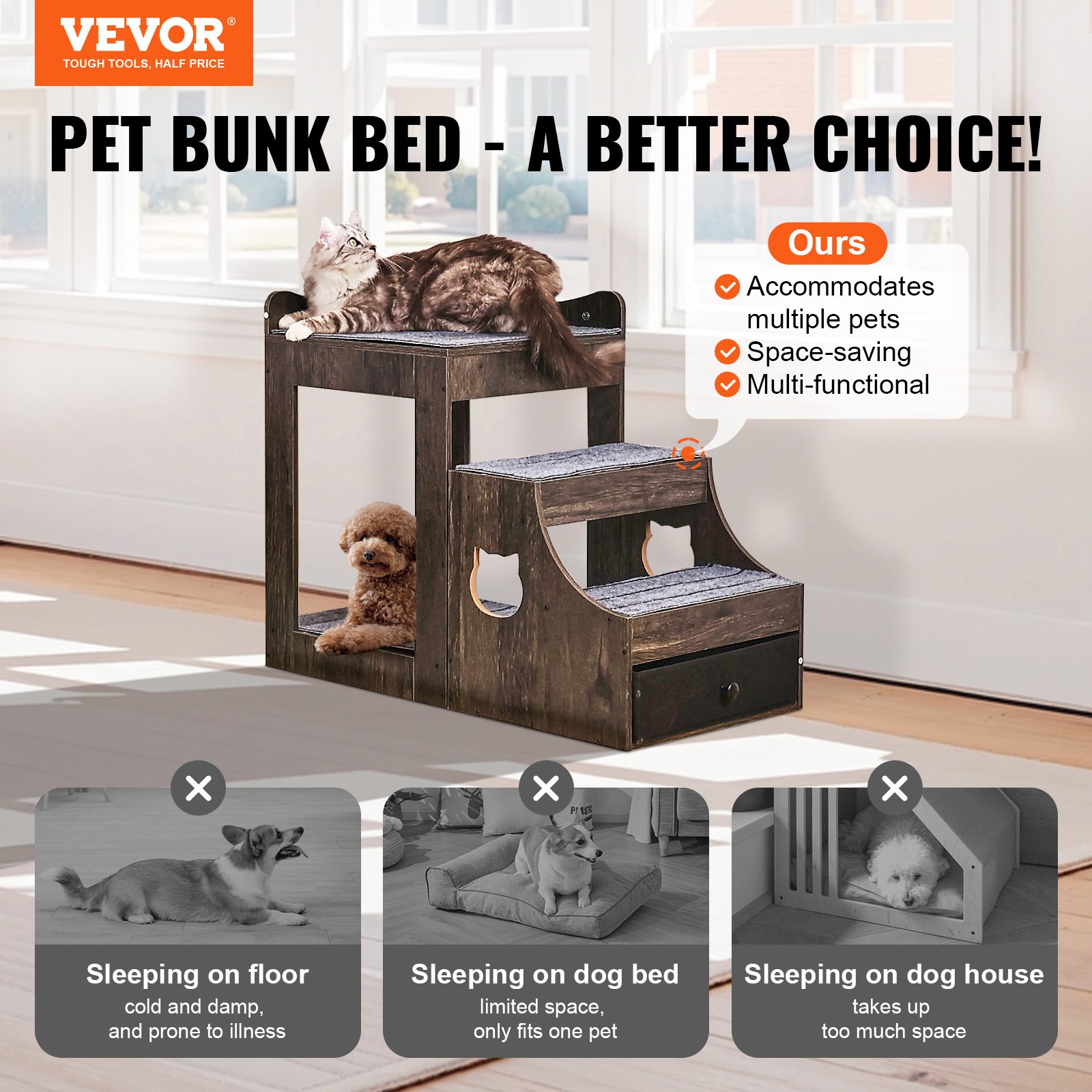 VEVOR Bunk Bed for Pets with Removable Stairs, Window Perch for Dogs/Cats with Storage, Multi-Level Bed, Window Perch, Sleeper Sofa, Pet Seating Platform, 830x450x675mm