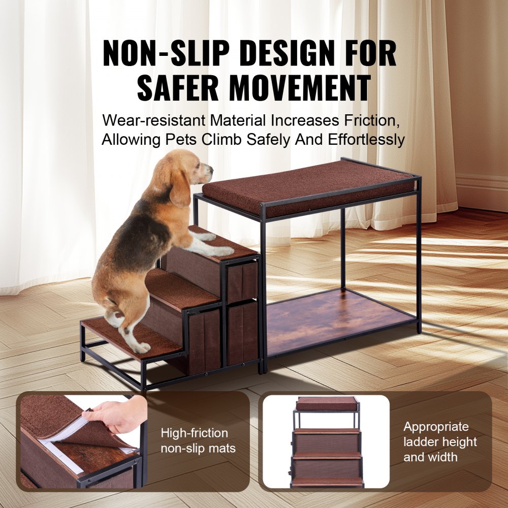 VEVOR Litera para Mascotas con Escaleras de 1245 x 500 x 660 mm, Percha para Ventana para Perros o Gatos con Espacio de Almacenamiento para Uso en Interiores, Hogar, Cerca de Cama y Ventana, Marrón