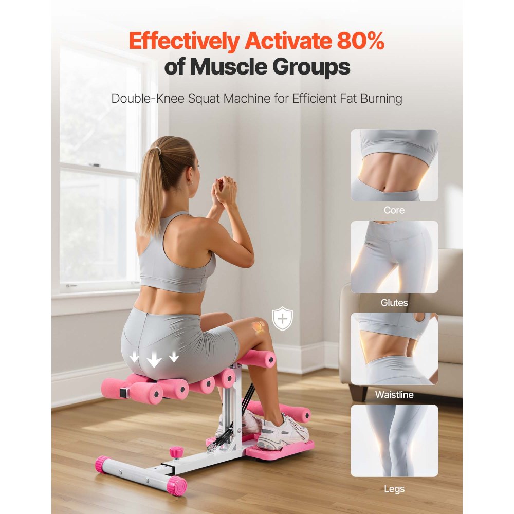 VEVOR Máquina de Sentadillas Profundas Ajustable, con 3 Bandas de Resistencia, Entrenador de Core y Glúteos Plegable, para Gimnasio en Casa, Rosa y Blanco, Carga de 136 kg, 800 x 400 x 760 mm