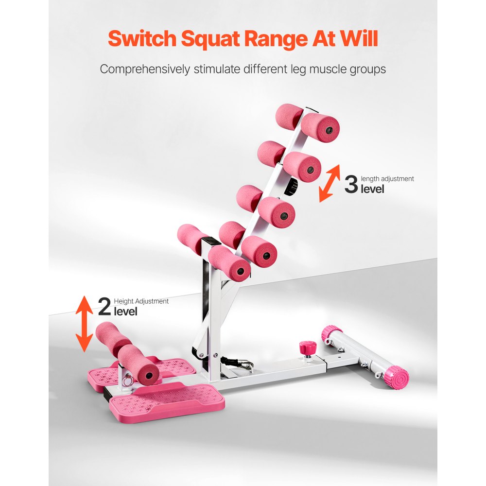 VEVOR Máquina de Sentadillas Profundas Ajustable, con 3 Bandas de Resistencia, Entrenador de Core y Glúteos Plegable, para Gimnasio en Casa, Rosa y Blanco, Carga de 136 kg, 800 x 400 x 760 mm