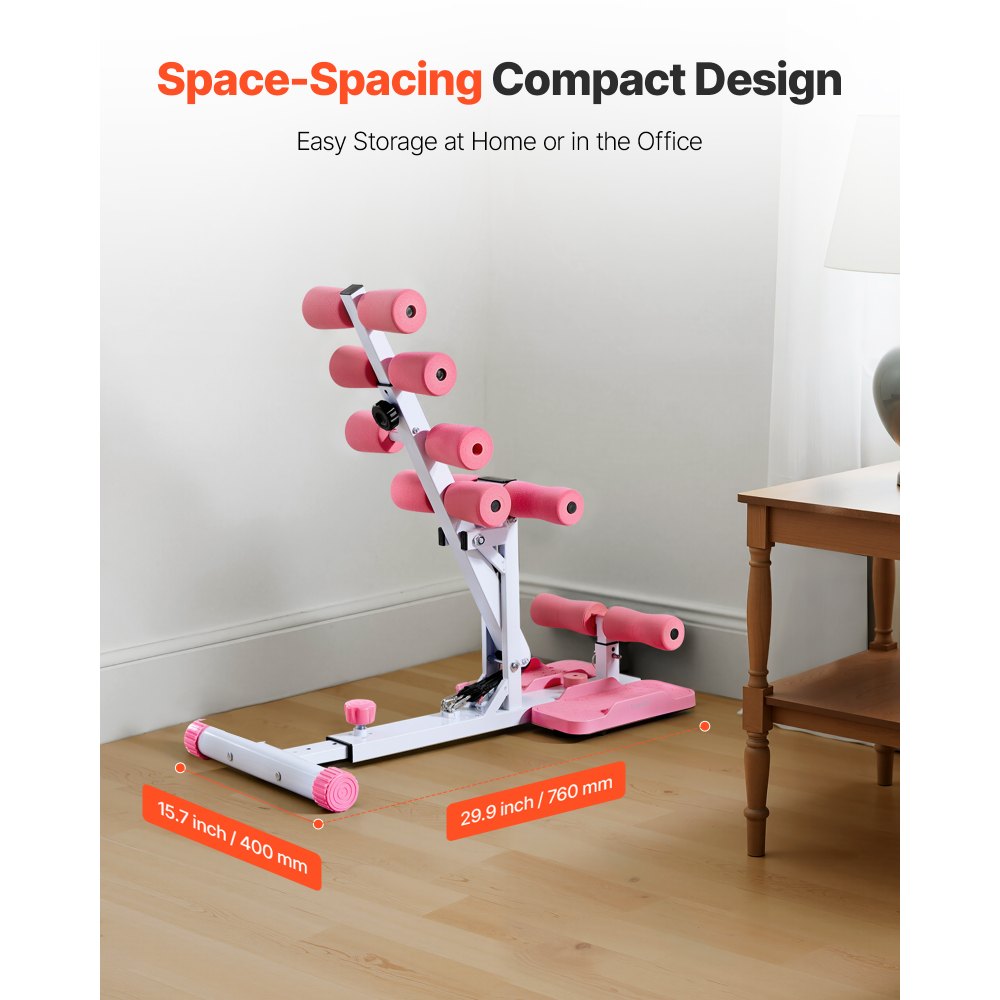 VEVOR Máquina de Sentadillas Profundas Ajustable, con 3 Bandas de Resistencia, Entrenador de Core y Glúteos Plegable, para Gimnasio en Casa, Rosa y Blanco, Carga de 136 kg, 800 x 400 x 760 mm