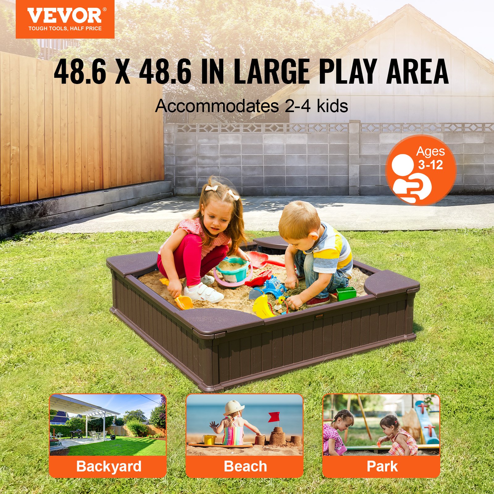 VEVOR Sandpit with Cover, Square Sandpit, HDPE Sandpit with 4 Corner Seats & Bottom Liner, Children's Sandpit, Gift for Boys and Girls Aged 3-12 Years, Brown