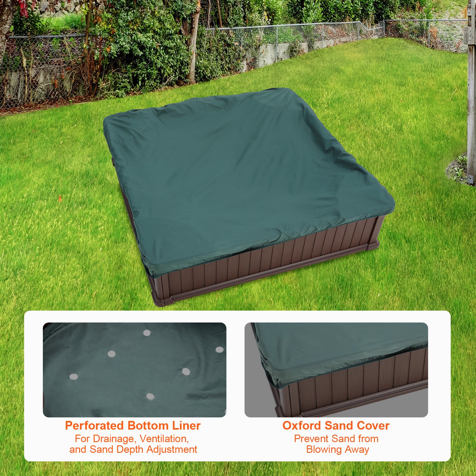 VEVOR Sandpit with Cover, Square Sandpit, HDPE Sandpit with 4 Corner Seats & Bottom Liner, Children's Sandpit, Gift for Boys and Girls Aged 3-12 Years, Brown