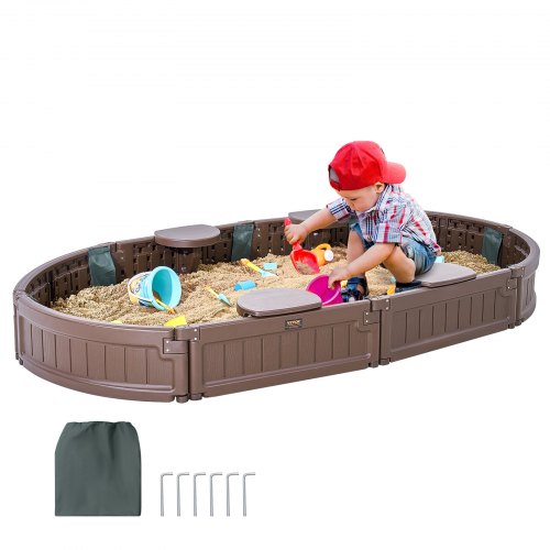 VEVOR - Caja de arena con tapa, 183,8 x 105,5 x 23,9 cm, caja de arena ovalada, caja de arena de HDPE con 4 asientos en las esquinas y revestimiento inferior, caja de arena para niños para exteriores, patio, playa, parque, regalo para niños y niñas de 3 a 12 años, marrón