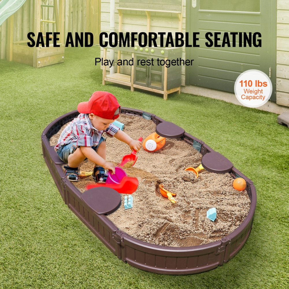 VEVOR - Caja de arena con tapa, 183,8 x 105,5 x 23,9 cm, caja de arena ovalada, caja de arena de HDPE con 4 asientos en las esquinas y revestimiento inferior, caja de arena para niños para exteriores, patio, playa, parque, regalo para niños y niñas de 3 a 12 años, marrón