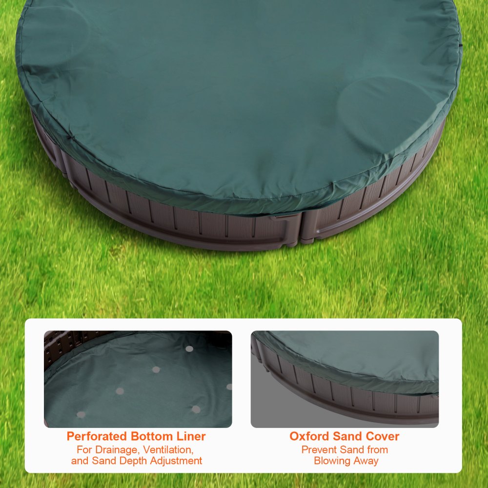 VEVOR - Caja de arena con tapa, 183,8 x 105,5 x 23,9 cm, caja de arena ovalada, caja de arena de HDPE con 4 asientos en las esquinas y revestimiento inferior, caja de arena para niños para exteriores, patio, playa, parque, regalo para niños y niñas de 3 a 12 años, marrón