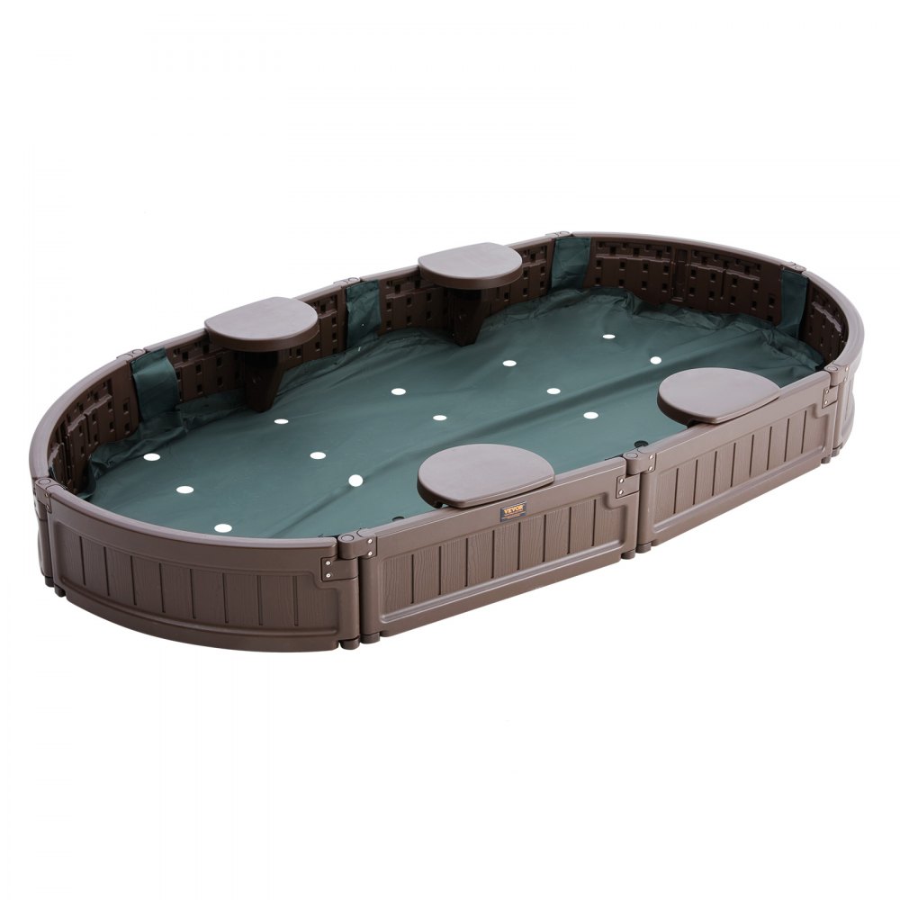VEVOR - Caja de arena con tapa, 183,8 x 105,5 x 23,9 cm, caja de arena ovalada, caja de arena de HDPE con 4 asientos en las esquinas y revestimiento inferior, caja de arena para niños para exteriores, patio, playa, parque, regalo para niños y niñas de 3 a 12 años, marrón