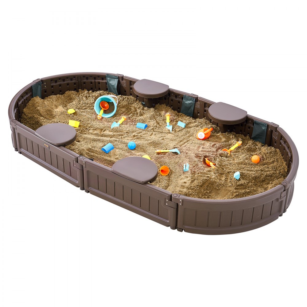 VEVOR - Caja de arena con tapa, 183,8 x 105,5 x 23,9 cm, caja de arena ovalada, caja de arena de HDPE con 4 asientos en las esquinas y revestimiento inferior, caja de arena para niños para exteriores, patio, playa, parque, regalo para niños y niñas de 3 a 12 años, marrón