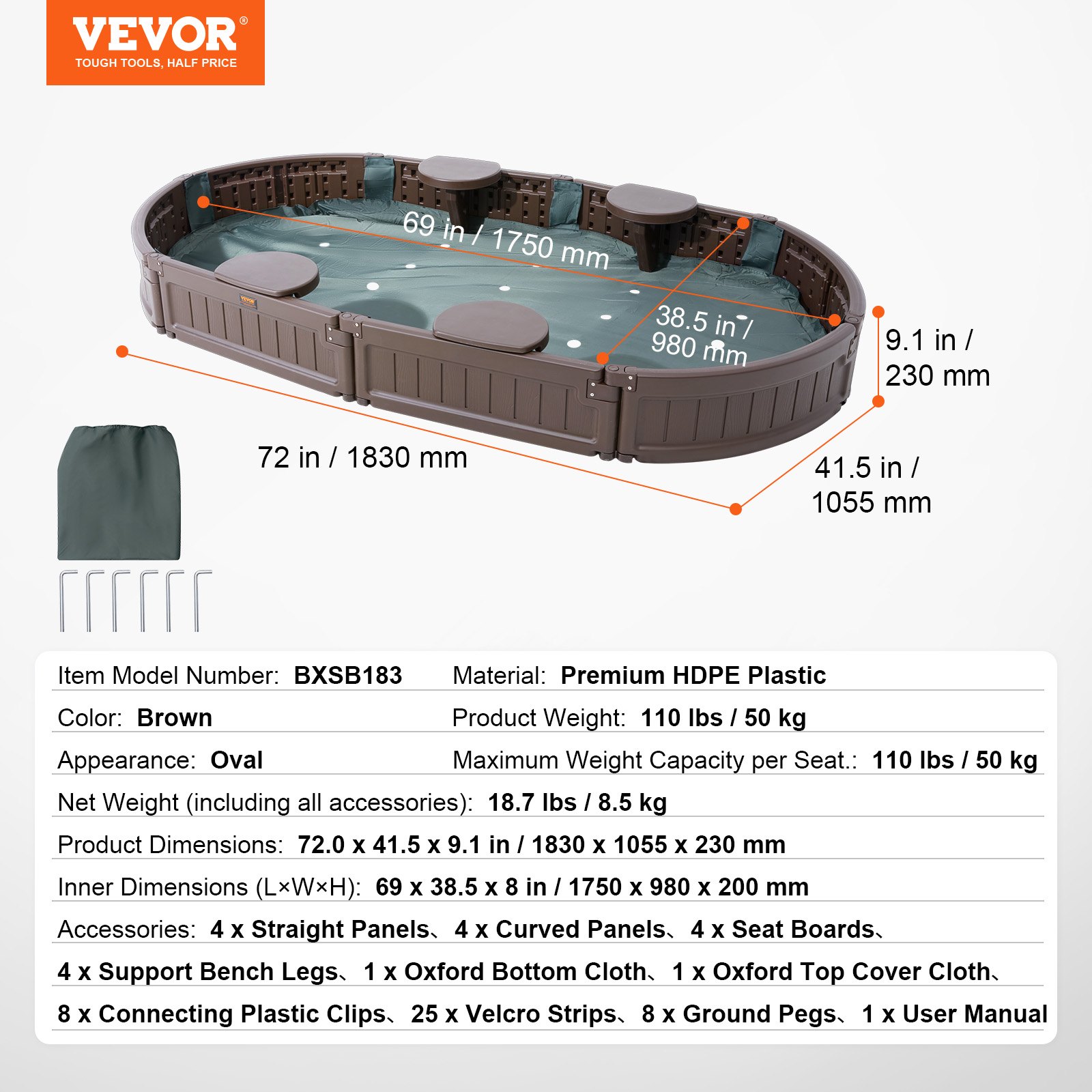 VEVOR Sandpit with Cover, 183 x 105 x 23 cm, Oval Sandpit, HDPE Sandpit with 4 Corner Seats and Bottom Liner, Children's Sandpit for Garden, Beach, Park, Gift for Boys and Girls Aged 3-12 Years, Brown