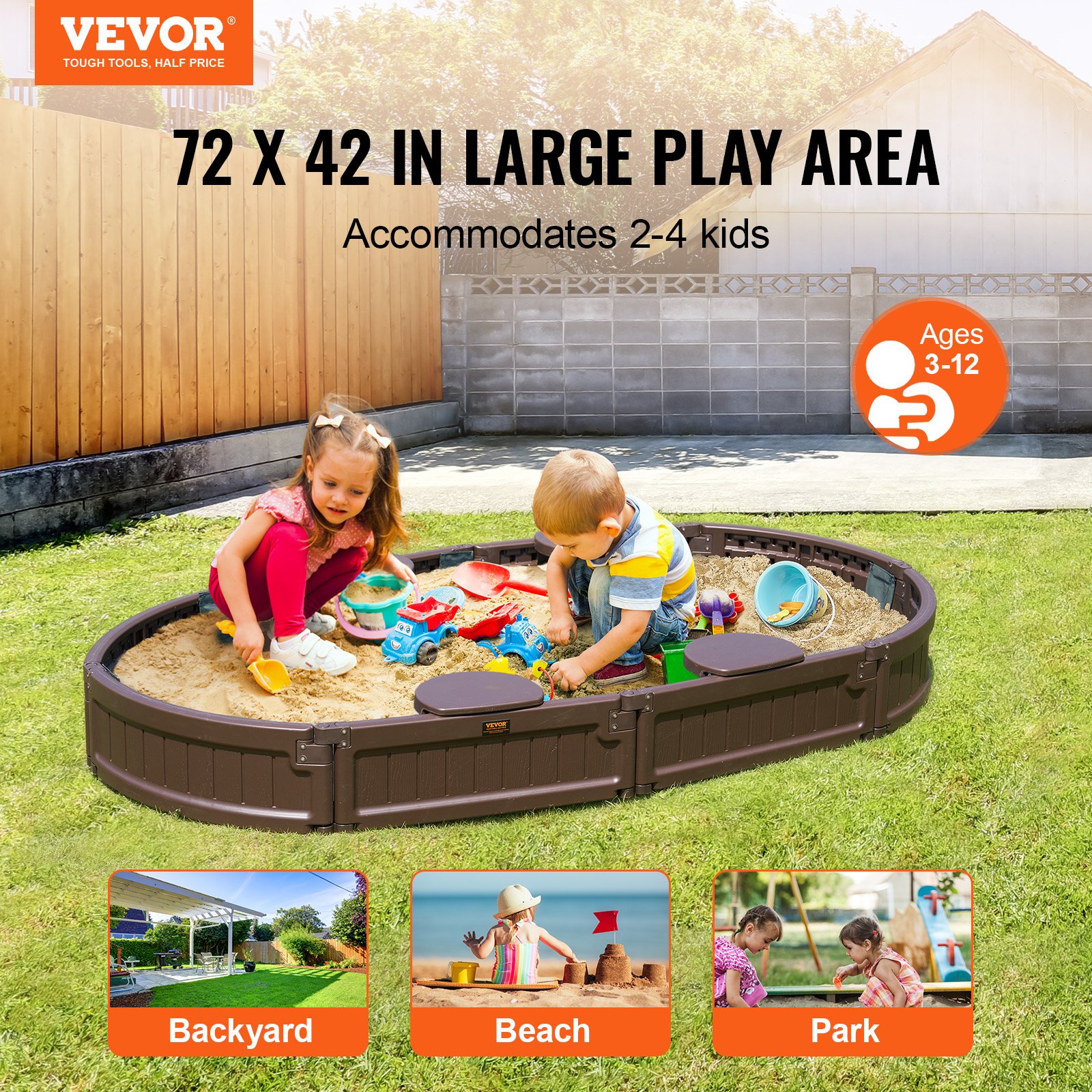 VEVOR - Caja de arena con tapa, 183,8 x 105,5 x 23,9 cm, caja de arena ovalada, caja de arena de HDPE con 4 asientos en las esquinas y revestimiento inferior, caja de arena para niños para exteriores, patio, playa, parque, regalo para niños y niñas de 3 a 12 años, marrón
