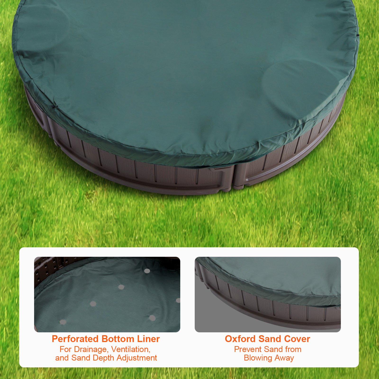 VEVOR - Caja de arena con tapa, 183,8 x 105,5 x 23,9 cm, caja de arena ovalada, caja de arena de HDPE con 4 asientos en las esquinas y revestimiento inferior, caja de arena para niños para exteriores, patio, playa, parque, regalo para niños y niñas de 3 a 12 años, marrón
