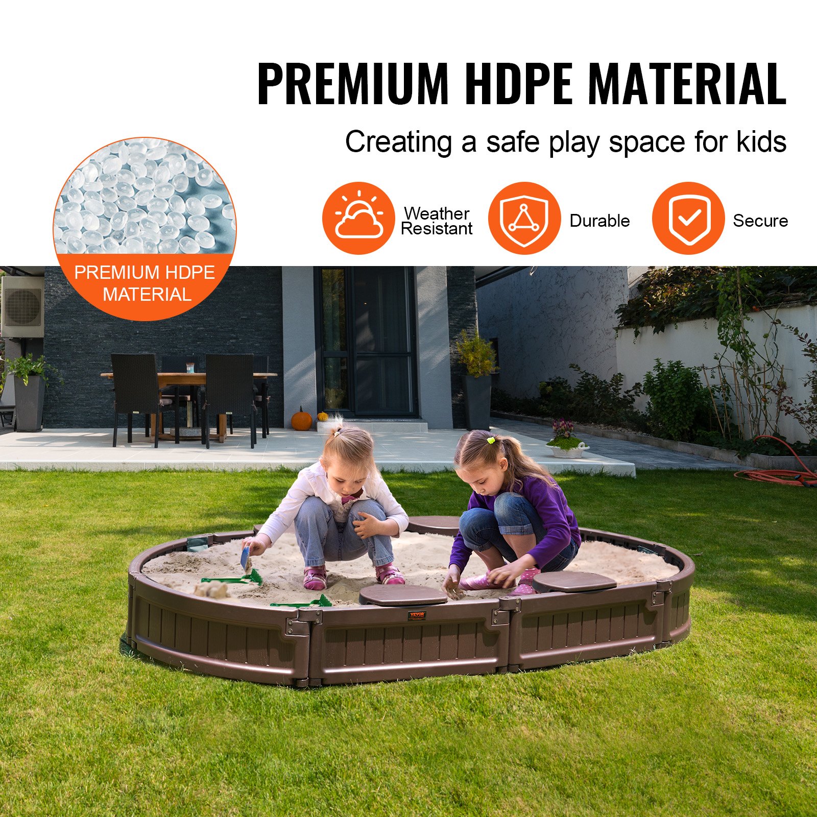 VEVOR - Caja de arena con tapa, 183,8 x 105,5 x 23,9 cm, caja de arena ovalada, caja de arena de HDPE con 4 asientos en las esquinas y revestimiento inferior, caja de arena para niños para exteriores, patio, playa, parque, regalo para niños y niñas de 3 a 12 años, marrón