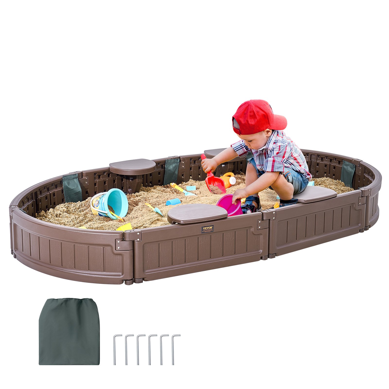 VEVOR - Caja de arena con tapa, 183,8 x 105,5 x 23,9 cm, caja de arena ovalada, caja de arena de HDPE con 4 asientos en las esquinas y revestimiento inferior, caja de arena para niños para exteriores, patio, playa, parque, regalo para niños y niñas de 3 a 12 años, marrón