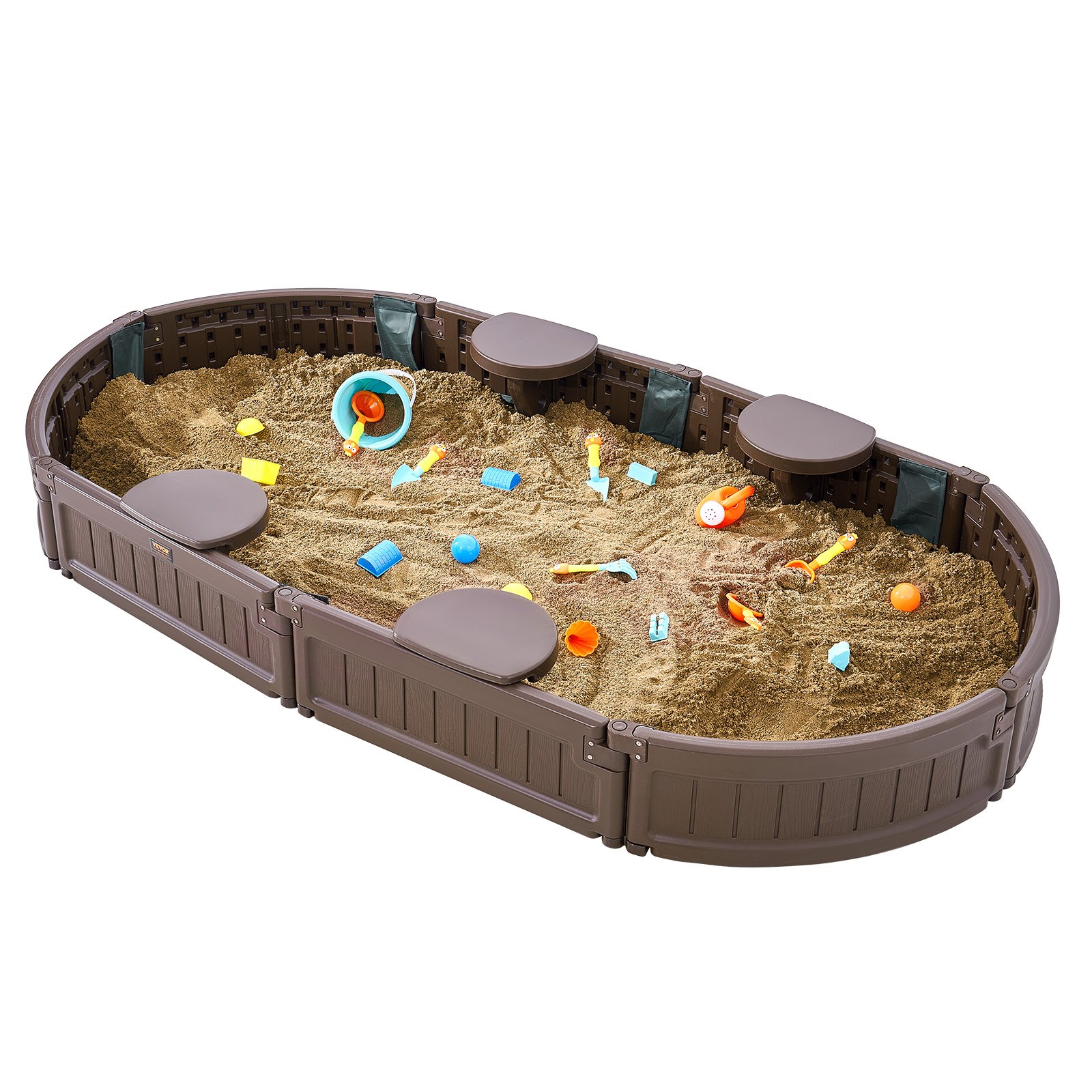 VEVOR - Caja de arena con tapa, 183,8 x 105,5 x 23,9 cm, caja de arena ovalada, caja de arena de HDPE con 4 asientos en las esquinas y revestimiento inferior, caja de arena para niños para exteriores, patio, playa, parque, regalo para niños y niñas de 3 a 12 años, marrón