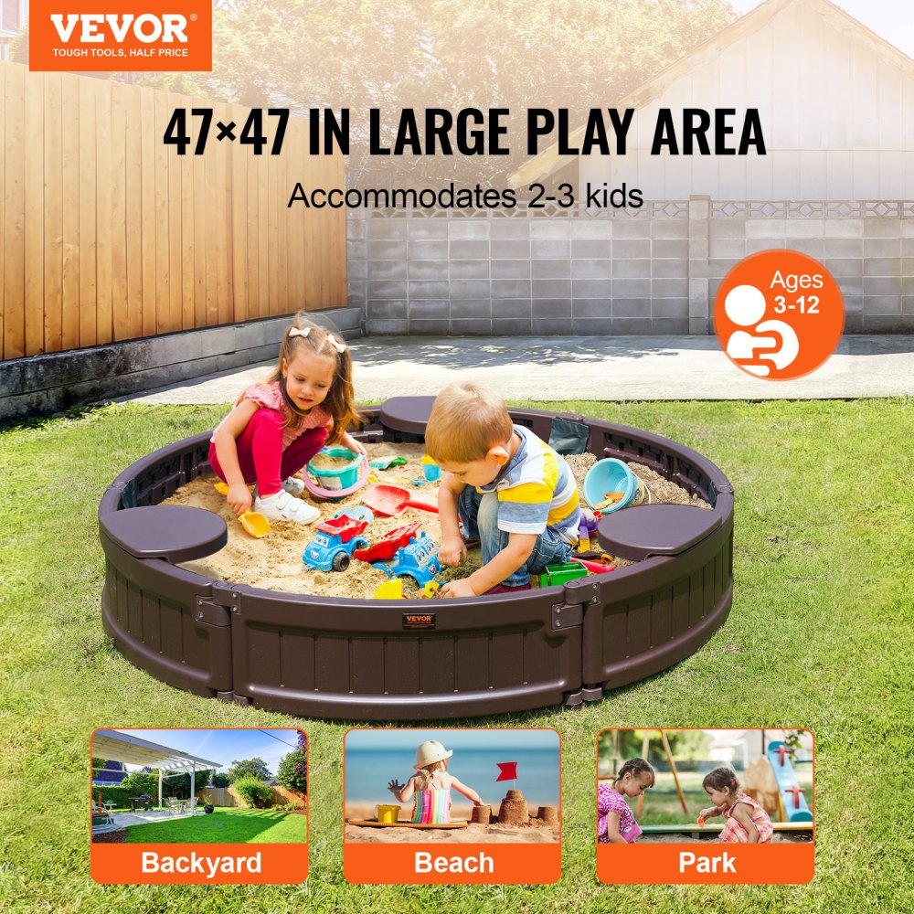 VEVOR Caja de arena con cubierta, caja de arena redonda de 47,2 x 9,1 pulgadas, arenero de HDPE con 3 asientos en las esquinas y revestimiento inferior, caja de arena para niños para patio trasero al aire libre, playa, parque, regalo para niños niñas de 3 a 12 años, marrón
