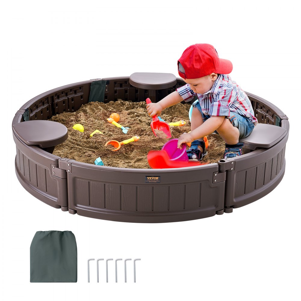 Caja de arena VEVOR con niños jugando, juguetes coloridos y accesorios incluidos.