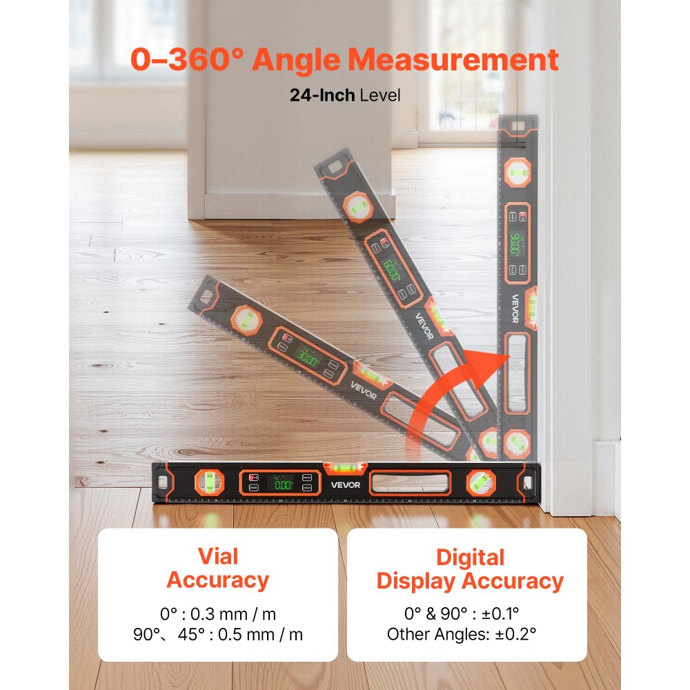 VEVOR Nivel Digital de Aluminio 600 mm, Nivel Electrónico Magnético con Burbujas de 0°/45°/90°, Pantalla LED Retroiluminada, 4 Unidades de Medida, Bolsa para Construcción Bricolaje Hogar Carpintería