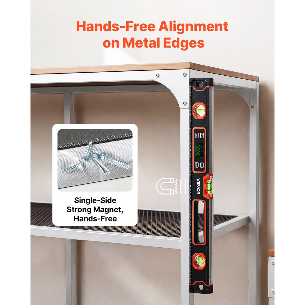 VEVOR Nivel Digital de Aluminio 600 mm, Nivel Electrónico Magnético con Burbujas de 0°/45°/90°, Pantalla LED Retroiluminada, 4 Unidades de Medida, Bolsa para Construcción Bricolaje Hogar Carpintería