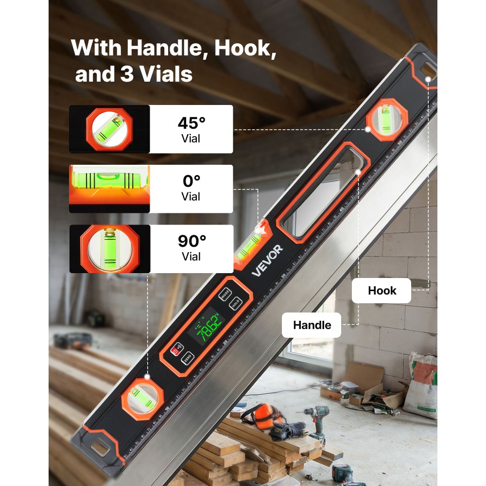 VEVOR Nivel Digital de Aluminio 600 mm, Nivel Electrónico Magnético con Burbujas de 0°/45°/90°, Pantalla LED Retroiluminada, 4 Unidades de Medida, Bolsa para Construcción Bricolaje Hogar Carpintería