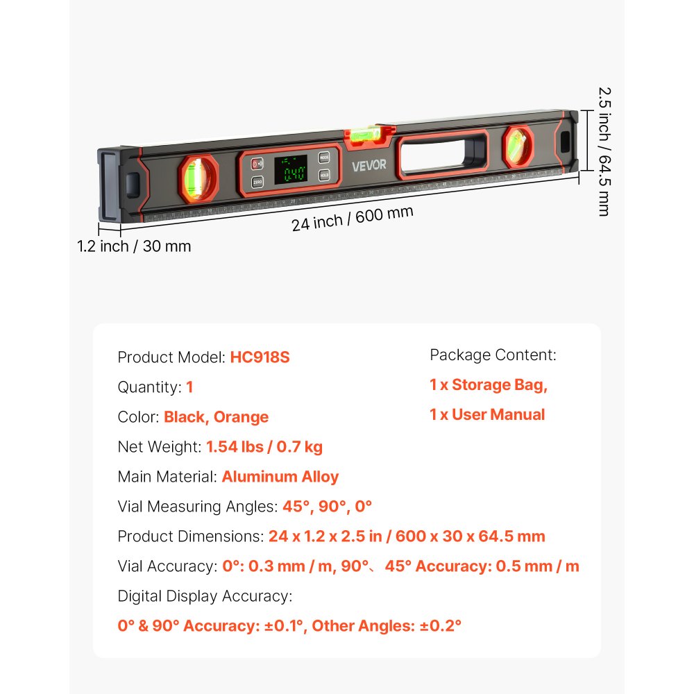 VEVOR Nivel Digital de Aluminio 600 mm, Nivel Electrónico Magnético con Burbujas de 0°/45°/90°, Pantalla LED Retroiluminada, 4 Unidades de Medida, Bolsa para Construcción Bricolaje Hogar Carpintería