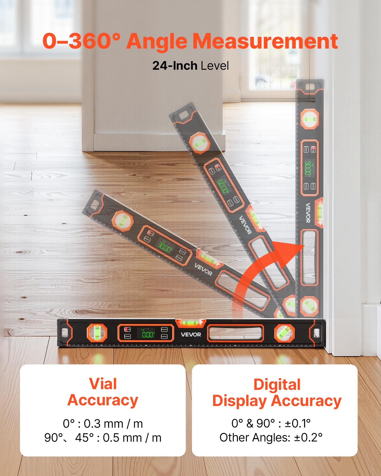VEVOR Nivel Digital de Aluminio 600 mm, Nivel Electrónico Magnético con Burbujas de 0°/45°/90°, Pantalla LED Retroiluminada, 4 Unidades de Medida, Bolsa para Construcción Bricolaje Hogar Carpintería