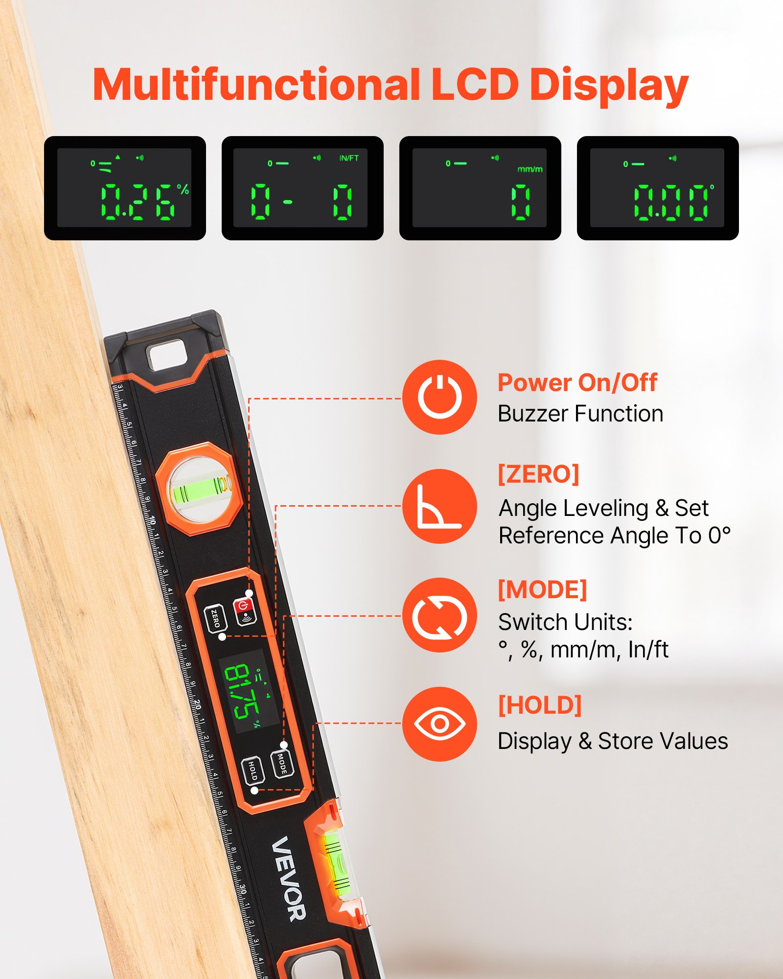 VEVOR Nivel Digital de Aluminio 600 mm, Nivel Electrónico Magnético con Burbujas de 0°/45°/90°, Pantalla LED Retroiluminada, 4 Unidades de Medida, Bolsa para Construcción Bricolaje Hogar Carpintería